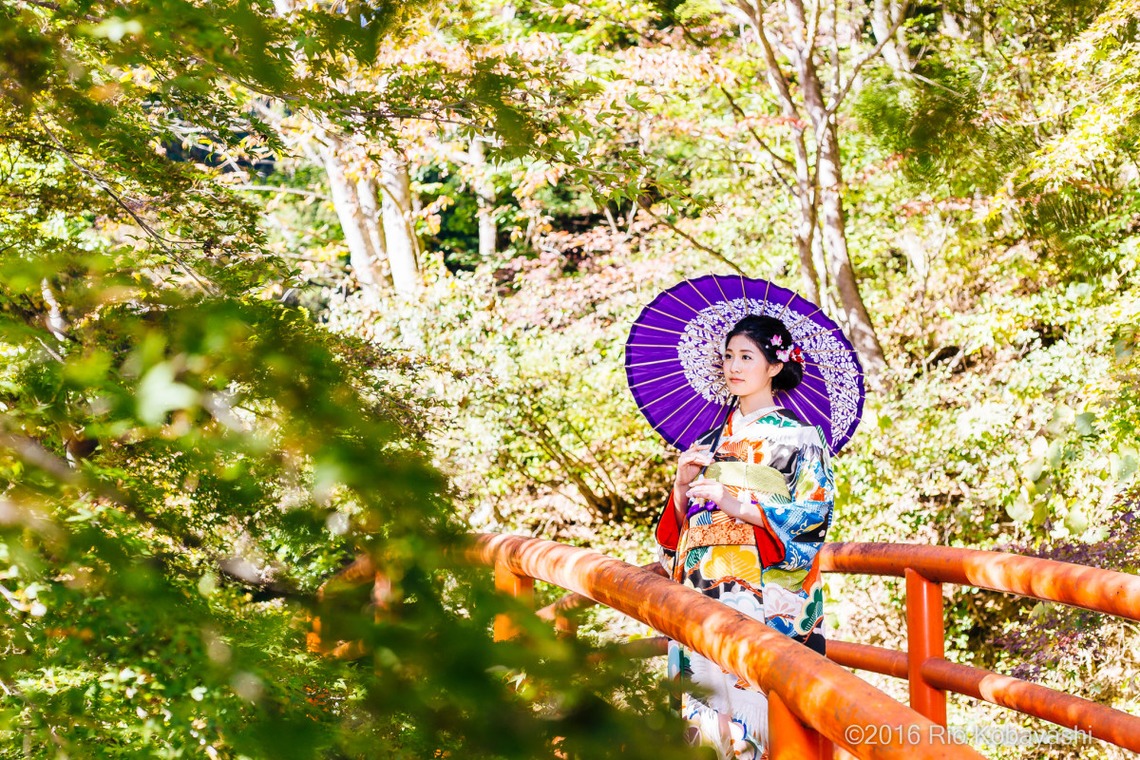 Lady wearing a hikifurisode standing on a bridge