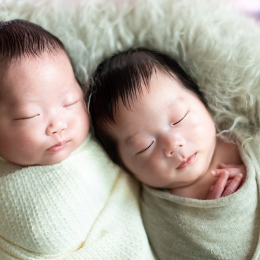 サキヤマ リエが出張撮影した「白&ベージュ系・ひつじ＆犬・男女の双子ちゃんのニューボーンフォト」の家族写真