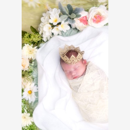 かわもとえつこが出張撮影したベージュ, 家族一緒に写真を撮る, 架空の人物などが写った「ニューボーンフォト」の家族写真