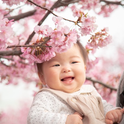 ゆのみふぉとが出張撮影した自然の中の人々, 手をつないで, 友情などが写った「桜とお写真」の家族写真