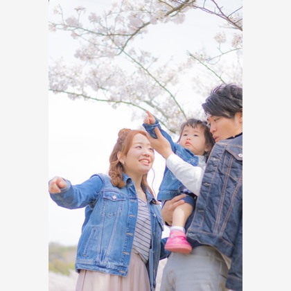 ゆのみふぉとが出張撮影した自然の中の人々, 手をつないで, 友情などが写った「桜とお写真」の家族写真