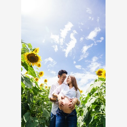 アトリエ　エピカ/清水　一哉が出張撮影した植物, 感情, 顕花植物などが写った「ひまわり畑　マタニティ」の家族写真