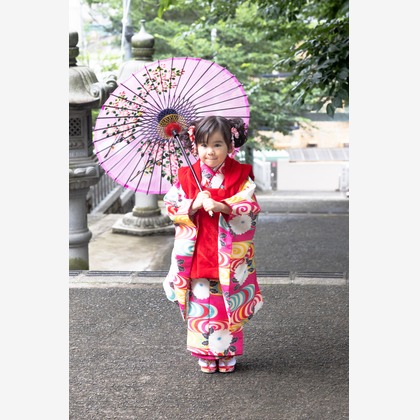 ミヤタカズコが出張撮影した色合いと色合い, 自然の中の人々, 立っているなどが写った「七五三」の家族写真