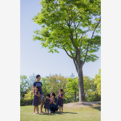フォスタムが出張撮影した植物, 顔, 頬などが写った「春の公園で家族フォト」の家族写真