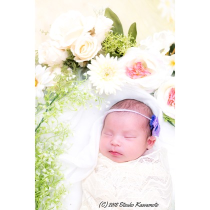 かわもとえつこが出張撮影したベージュ, 家族一緒に写真を撮る, 架空の人物などが写った「ニューボーンフォト」の家族写真