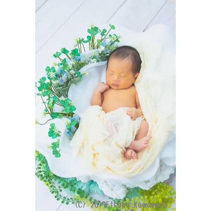 かわもとえつこが出張撮影したベージュ, 家族一緒に写真を撮る, 架空の人物などが写った「ニューボーンフォト」の家族写真